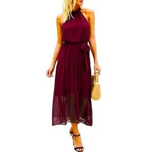 HP! NWT Elegant Burgundy Halter Maxi Dress Tiered Semi-Sheer Perfect Evening